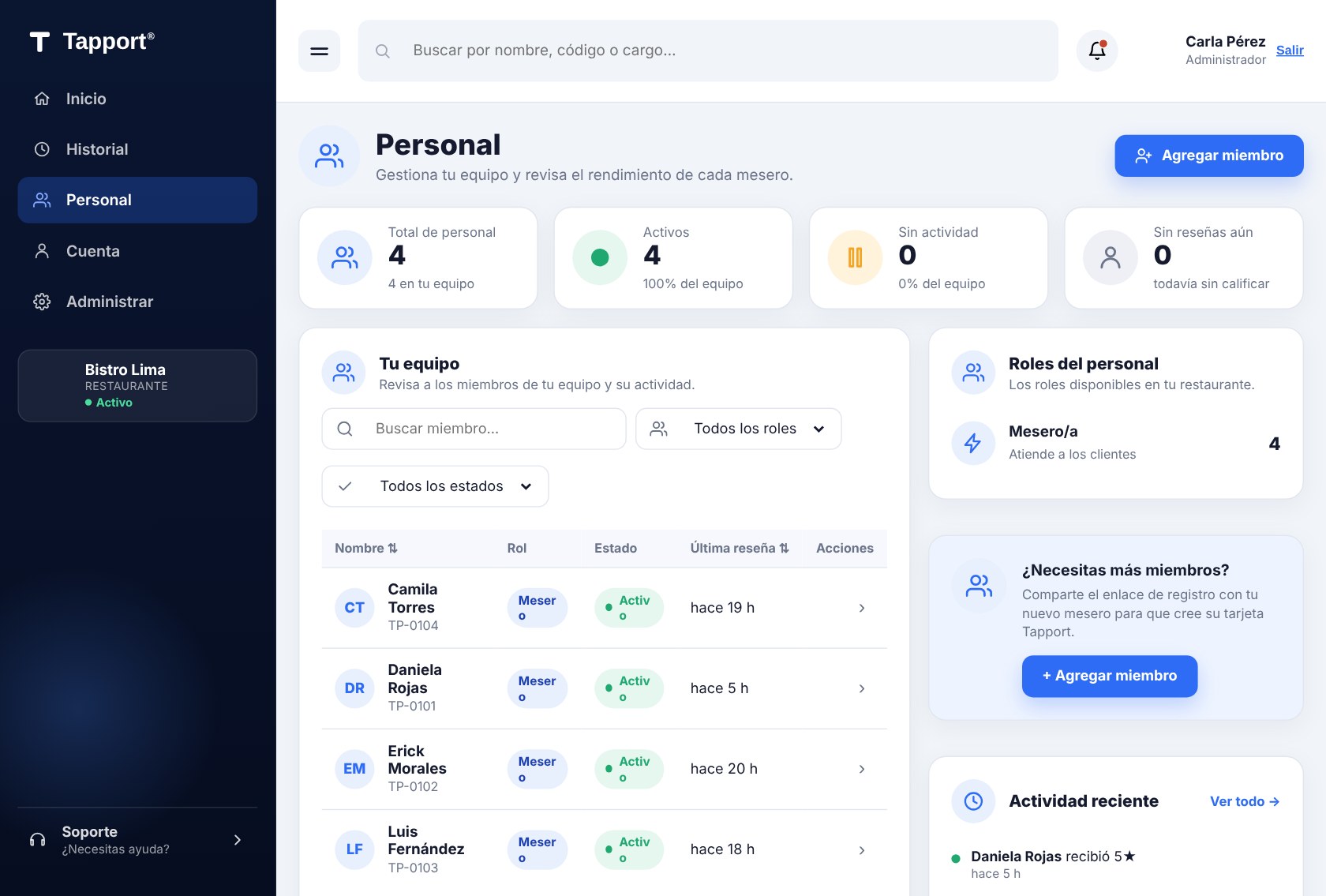 Panel administrativo de Tapport: personal