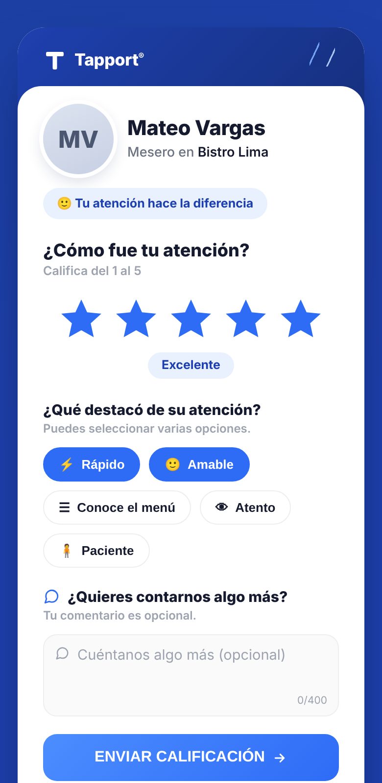 Pantalla real de calificación de Tapport